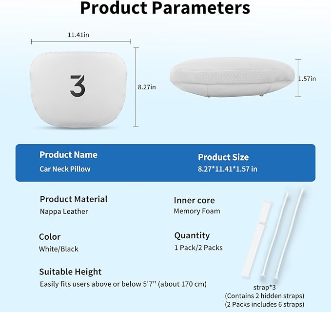 Nappa Leather Car Neck Pillow for Tesla Model Y Model 3 Juniper/Highland Headrest Pillow Memory Foam Ergonomic Design Breathable Height Adjustable Accessories (White-2 pcs-3)