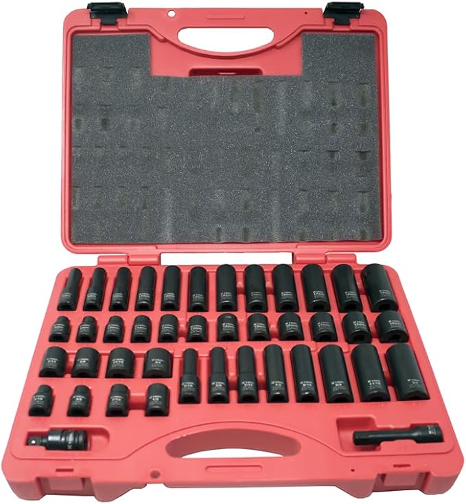 K Tool International 37042 SAE and Metric Impact Socket Set with 3/8" Drive for Garages, Repair Shops and DIY, 6-Point, Heat-treated, Chrome-moly Steel, Laser Engraved, Molded Case, 42 Piece
