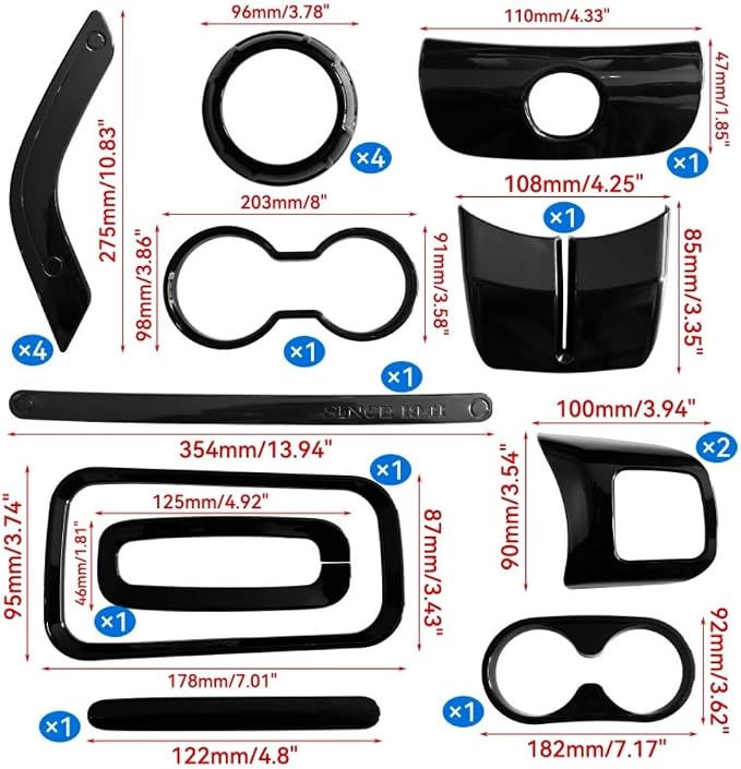 18 PCS Full Set Interior Decoration Trim Kit Steering Wheel Center Console Door Handle Air Conditioning Vent Cup Holder Gear Cover Trim for Jeep for Wrangler JK JKU 2011-2018 4-Door (Red) (Black)