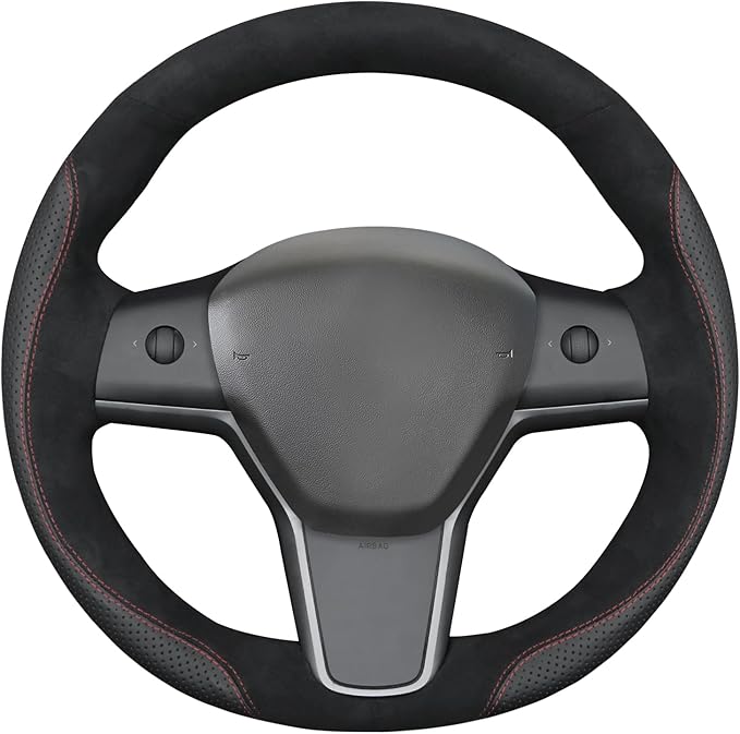 MEWANT Hand Stitch Steering Wheel Cover for Tesla Model Y 2023 Tesla Model 3 2023 Real Leather Athsuede Steering Wrap