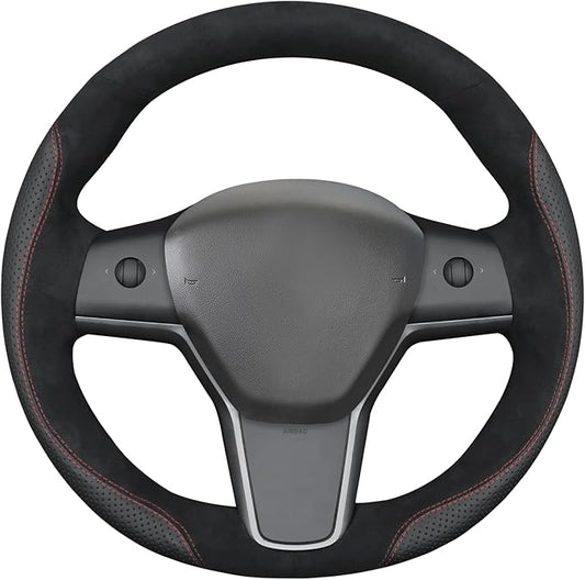 MEWANT Hand Stitch Steering Wheel Cover for Tesla Model Y 2023 Tesla Model 3 2023 Real Leather Athsuede Steering Wrap