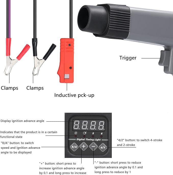 Ignition Timing Light, 12 V Professional Digital Display Inductive Timing Light Car Motorcycle Petrol Engine Ignition Timing Strobe Lamp Detector Auto Motorcycle Detection Diagnosis Tool