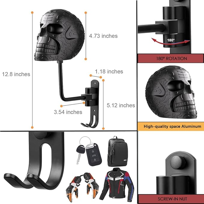 SANGMO Metal Skull Helmet Holder, Motorcycle Helmet Rack 180 Degree Rotation Wall Mount with 2 Hooks for Motorcycle Bike Baseball Rugby - Black
