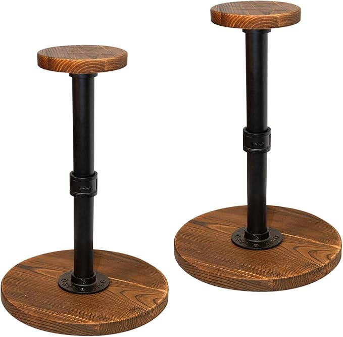 exquis Adjustable Helmet & Hat Display Stand – Rustic Wood Base with Matte Black Metal Rod, Height Adjustable 12"–17.5", Set of 2