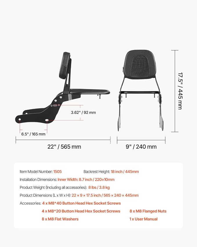 VEVOR Motorcycle Backrest Sissy Bar with Luggage Rack, Compatible with Honda Rebel CMX 1100 2021-2022, 18-Inch Height, Removable Passenger Backrest, Durable Metal Frame with Leather Pad, Black