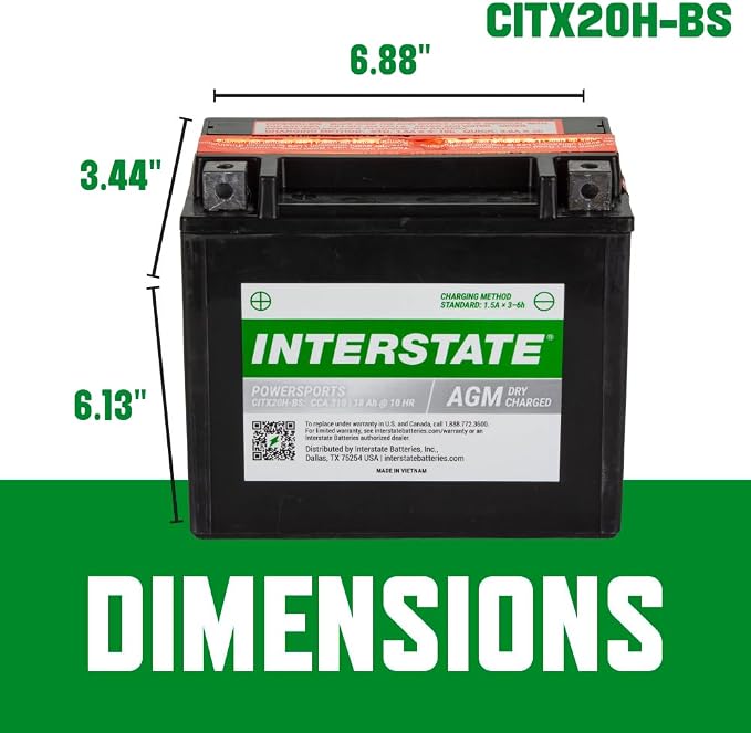 Interstate Batteries YTX20H-BS 12V 18Ah Powersports Battery 310CCA High-Performance AGM Rechargeable Replacement for Arctic Cat, Harley Motorcycles, Bikes, ATVs, Jet Skis, Snowmobiles (CITX20H-BS)
