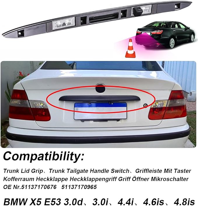 HD trunk handle reversing camera Color camera parking camera reartraction system parking aid replacement for BMW X5 E53 3.0d 3.4i 4.6is 4.8is （Oe No.51137170676/51137170965）