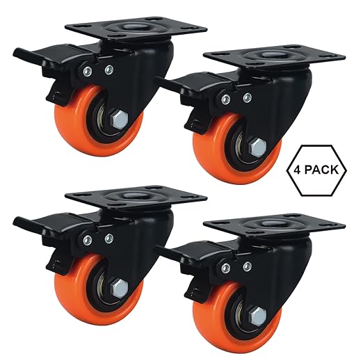 2" Caster Wheels Set of 8, Heavy Duty with Brake | No Noise, Locking, Polyurethane (PU) Wheels, Swivel Plate, Orange, Pack of 8