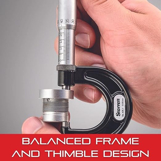 Starrett Outside Micrometer with One-Piece Spindle, Gracefully Tapered Frame and Advanced Sleeve Design - Quick and Easy Adjustment, 0-25mm Range, .001mm Graduation - V230MXRL