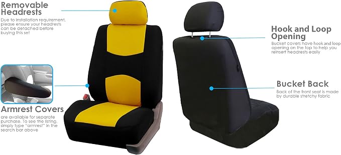 FH Group Car Seat Covers Flat Cloth Front Seats Only Yellow Automotive Seat Cover, Airbag Compatible Universal Fit Interior Accessories Cars Trucks SUV Combo Steering Wheel Cover & Seat Belt Pads