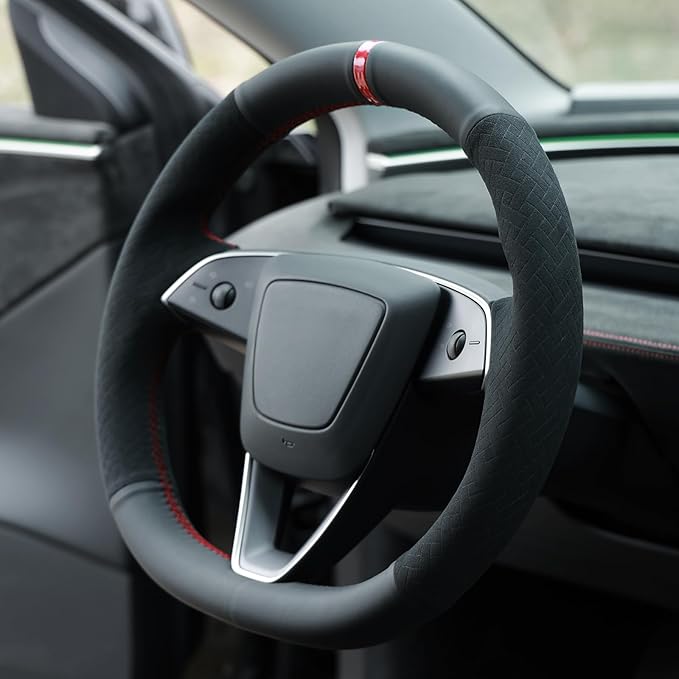 MEWANT Hand Stitch Real Leather Embossed Athsuede Steering Wheel Cover for Tesla Model 3 Highland 2025 Model Y Juniper