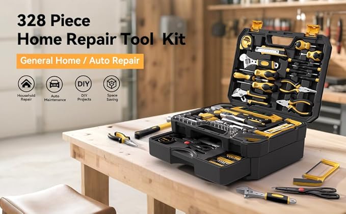 328 Piece Tool Kit for Home,Hand Repair Tool Set,Toolbox Storage Case with Drawer,General Household/Auto Tool Kit,Perfect for Homeowner, DIY, Handyman
