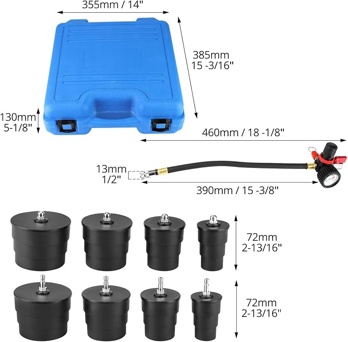 QWORK 9-Piece Turbo Boost Pressure Leakage Tester Set, 1-3/8" - 3-1/2", Compatible with Car Turbo Systems & Cooling System Hoses