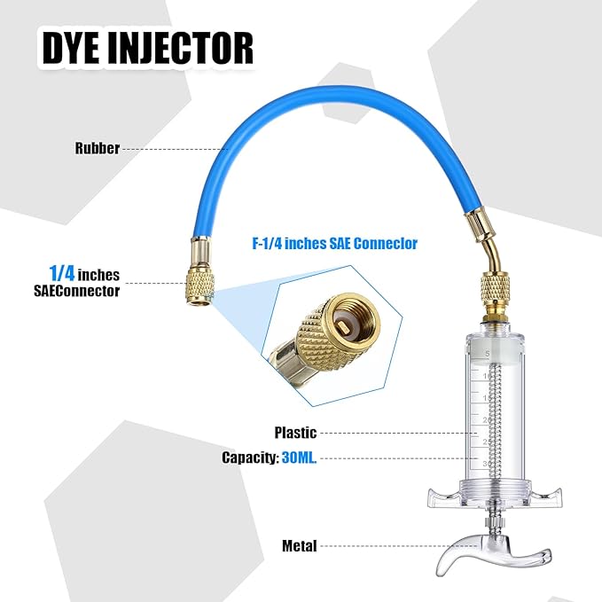 Tellegloww Ac Oil Dye Injector Kit 1/4 SAE with SAE R134a Oil Injector R1234yf Low Side Quick Coupler R410a Split Adapter Compatible with R134a R22 R12 R1234yf, Hand Push Compressor Manual 1oz/30ml