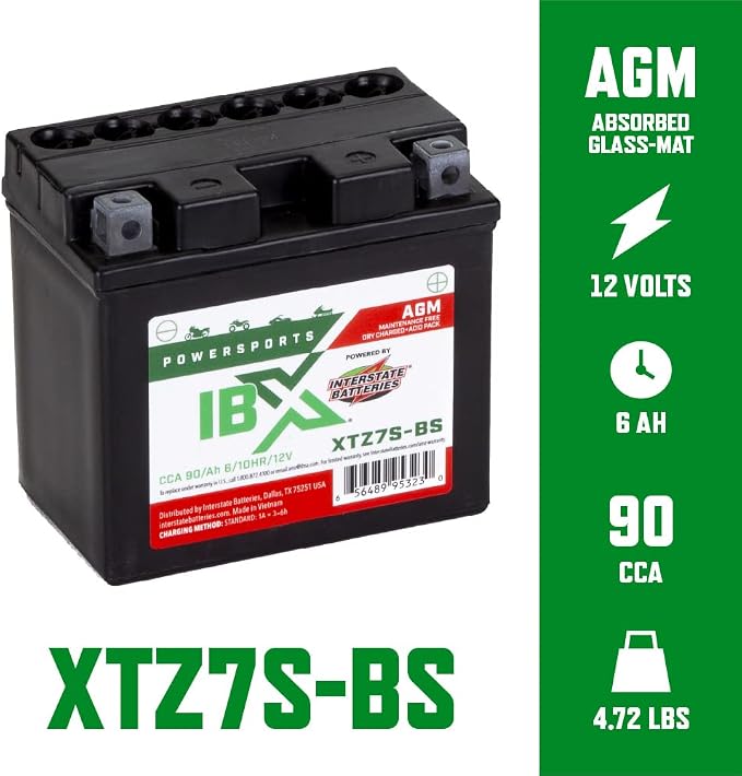 Interstate Batteries YTZ7S-BS 12V 6Ah Powersports Battery 90CCA AGM Rechargeable Replacement for Honda, Kawasaki, Yamaha Motorcycles, Scooters, ATVs (XTZ7S-BS)