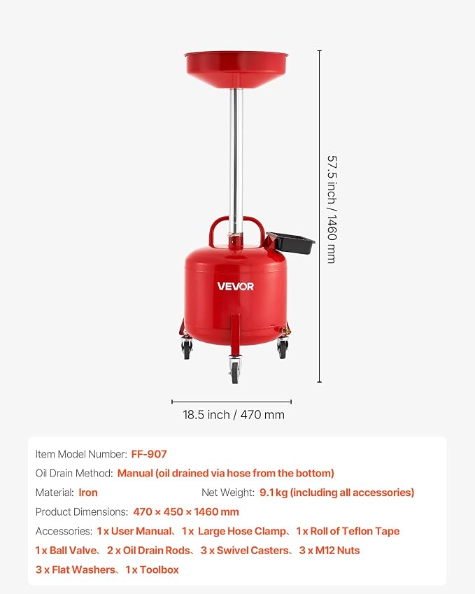 VEVOR 8 Gallon Waste Oil Drain Tank, Industrial Fluid Drain Tank with Adjustable Funnel Height, Portable Oil Drainer with Wheels & Toolbox, Fluid Fuel Transfer Drainage for Auto Repair Shops, Red
