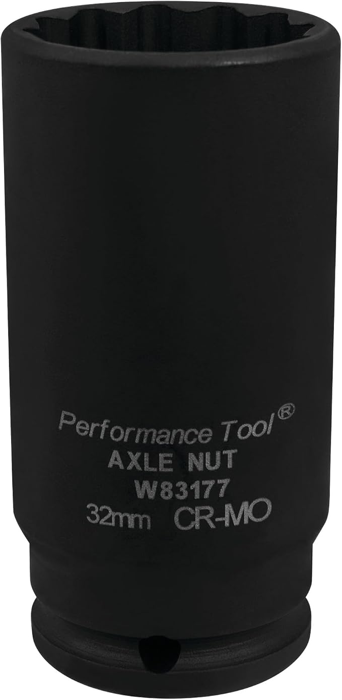 Performance Tool W83177 32MM Chrome Moly Axle Nut Socket for 6pt and 12pt Axle Nuts, Extra Deep Broach for Clearance, Designed for Air Impact Tool