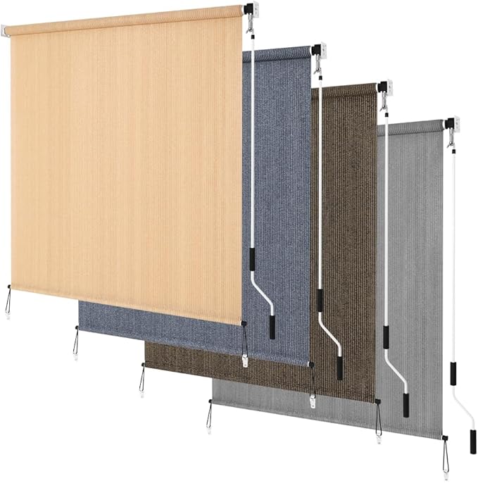 KELIXU Patio Shades Roll Up Outdoor Blind, 10' W x 8' H Cordless Sun Shade Privacy Screen with 90% UV Protection Exterior Roller Shade Cloth for Porch Pergola Backyard Windows Balcony, Walnut