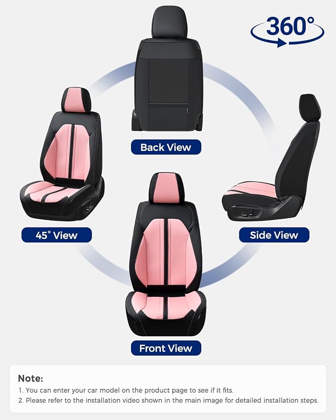 Huidasource Car Seat Covers Front Seats, Luxury Faux Leather Front Seat Covers, Compatible with Airbags, Seatbelt Buckles, Cooling＆Heating, Universal Fit for Most Cars, Vans, Trucks, SUVs, Black＆Pink