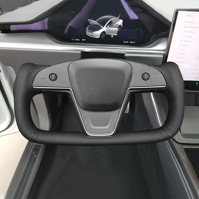 MEWANT Steering Wheel Cover for Yoke Style Steering Wheel for Tesla Model S 2021-2023 / Model X 2021-2023 Made of Black Microfiber Leather