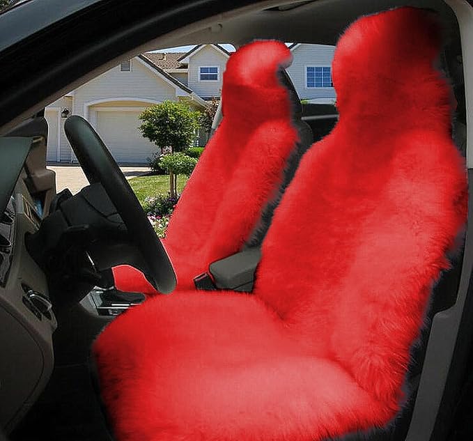 Winter Warm Authentic Australia Sheepskin Car Seat Cover Luxury Long Wool Front Seat Cover Fits Most Car, Truck, SUV, or Van (Red)