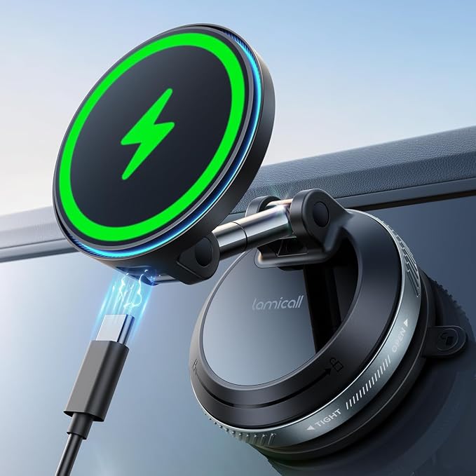 Lamicall 15W for MagSafe Car Mount Charger - Dual USB-C Ports, Magnetic Phone Holder for Car, Magnetic Wireless Car Charger, Vacuum Suction Cup Phone Mount for iPhone 17 Pro Max 16 15 14 Pads Black