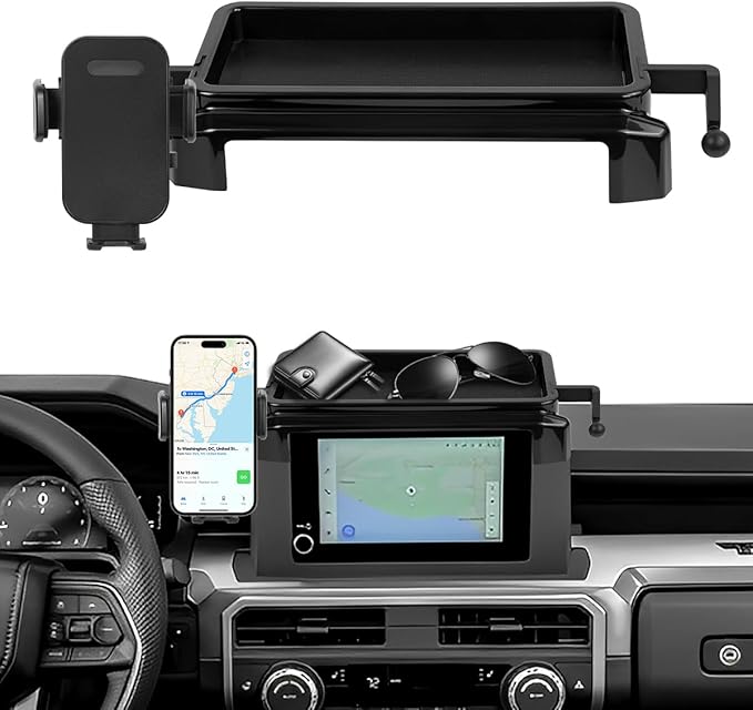 Car Phone Holder Compatible with Toyota Tacoma 2024 2025 Accessories 8-Inch Screen Fixed Clip, Cell Phone Mount with Dash Organizer Center Console Tray Hands-Free 360° Rotation