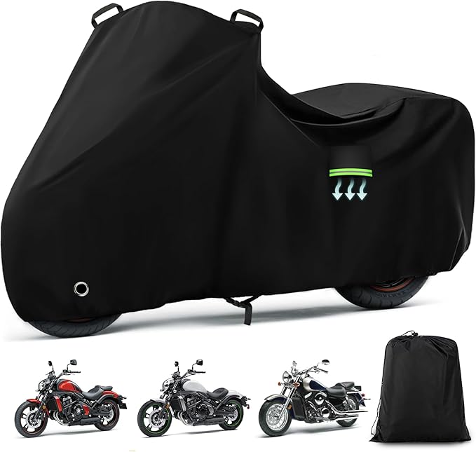 Motorcycle Cover Waterproof for Kawasaki Vulcan S 650/900/1500, Heavy Duty Outdoor Sun UV Rain Dust All Weather Protection Motorbike Cover with Soft Cotton Lining & Lock Hole-Black