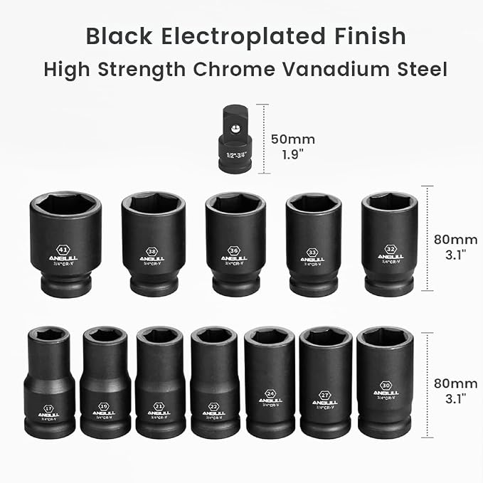 Anbull 3/4 Inch Drive Deep Impact Socket Set, 13 Piece Metric Combination, Sizes 17mm 19mm 21mm 22mm 24mm 27mm 30mm 32mm 33mm 36mm 38mm 41mm Hex Socket Set, 6 Point Design, Cr-V Chrome Vanadium Steel