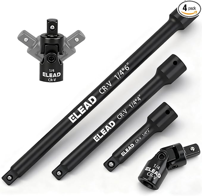 4-Piece 1/4" Drive Socket Extension Bar Set, 2, 4, 6 inch Professional Extension Set, 1/4 Inch Drive Universal Joint Socket, Premium Cr-V Steel Sockets Wrench Extender