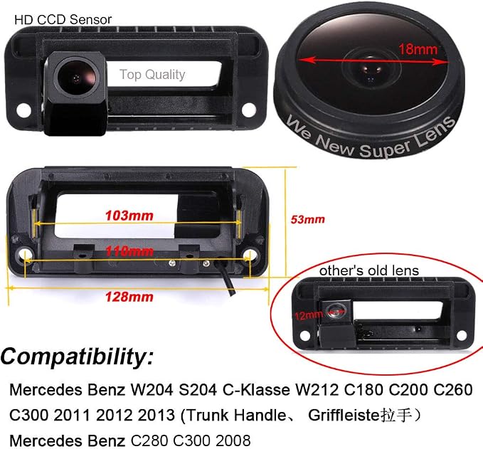 HD 1280 * 720 Pixels Trunk Handle Backup Cameras Night Vision Rear View Parking Camera Replacement for Mercedes Benz W204 S204 C-Klasse W212 C180 C200 C260 C300 2011 2012 2013