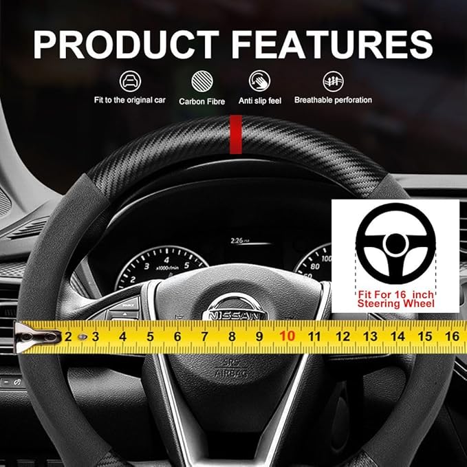 Suede Carbon Fiber Steering Wheel Cover, Compatible with Jeep Grand Cherokee 16 inch Soft SuedeTouch Leather Sport Non-Slip Automotive Interior Accessories