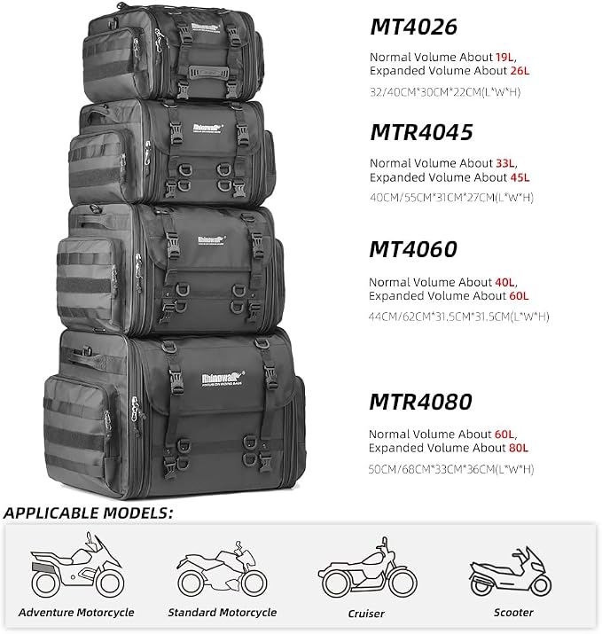 Rhinowalk Motorcycle Saddle Bag Motorbike Tail Bag Waterproof Expandable Pannier Bag Powersports Travel Luggage 80L (Black)