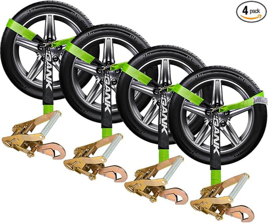 Car Tie Down Straps for Trailers- 4 Pack 2"x96" with Tire Strap 3,300lb Safe Working Load - Adjustable Straps with Snap Hooks (Green)