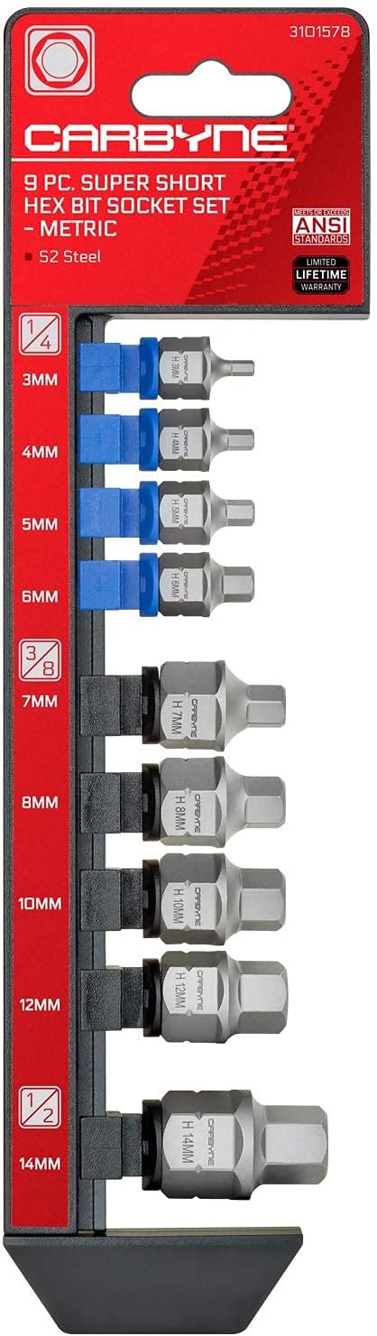 CARBYNE 9-Piece Metric Stubby Low Profile Hex (Allen) Bit Socket Set, 3mm to 14mm, S2 Steel, Super Short Allen Sockets, Dual Drive Internal Square and External Hex for Tight Confined Spaces