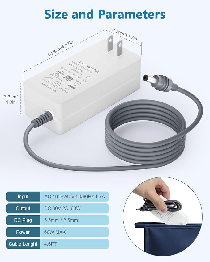 30V 2A 60W Power Supply Adapter for Starlink Mini UL Listed 4.6FT Power Cable Fast Charger with 10FT Starlink Mini Cable Car Charger USB C to DC Power Cable 2 in 1