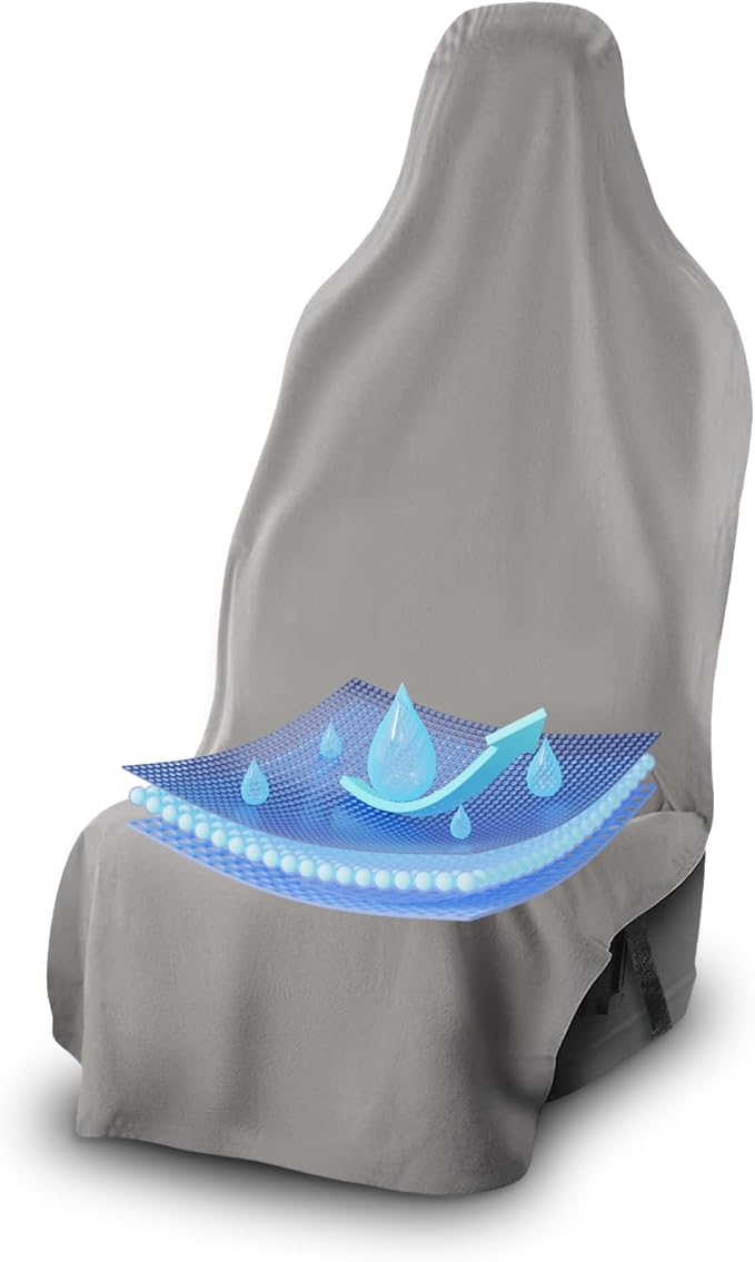 UltraSport Waterproof Towel Car Seat Cover, Universal Fit, Sweatproof & Odor-Resistant Front Seat Protector, Quick-Dry, Machine Washable for Gym, Pets, Travel, Outdoor Adventures, Gray