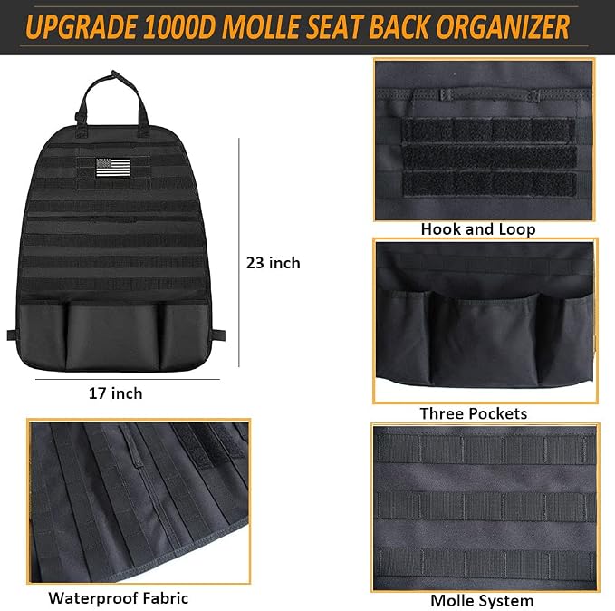 Upgrade 1000D Molle Seat Back Organizer with Pouches, Tactical Molle Vehicle Panel Car Seat Cover Protector Seat Back Organizers