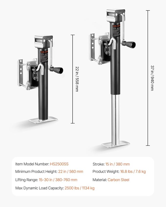 VEVOR Trailer Jack, 2500 lbs Dynamic Load Capacity, Heavy Duty Swivel Bolt-on Trailer Jack with Ergonomic Handle, 15-inch Vertical Travel, Suitable for RV, Horse, Utility, Camping and Yacht Trailers
