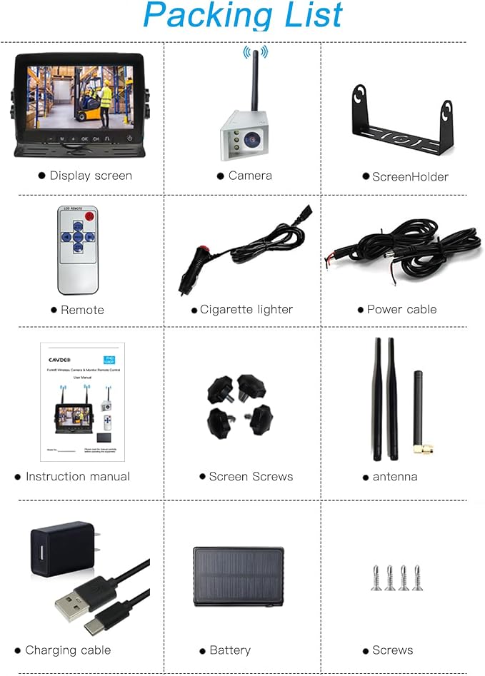 Magnetic Forklift Wireless Backup Cameras with 7 inch Screen Monitor Stable Digital Signal Back Up Camera Wireless with Rear View Camera and Battery Solar Charging