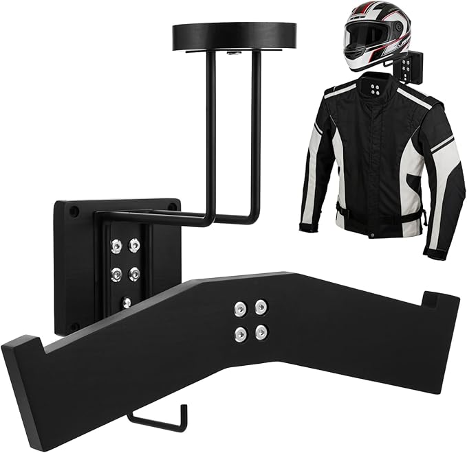 Motorcycle Helmet Holder Wall Mount, Heavy Duty Helmet Rack with Coat Hook, Wooden Base Helmet Hanger, Space-Saving Storage for Motorcycle, Baseball & Football Helmets, Wall Mounted Gear Organizer