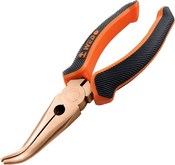 WEDO 6”Non-Sparking Bent Needle Nose Pliers 45 Degree,Long Nose Pliers, Wire Cutters,Used for Cutting Clamping Pinching Jewelry Making,Beryllium Copper,DIN Standard,BAM & FM Certificate,Length 150mm