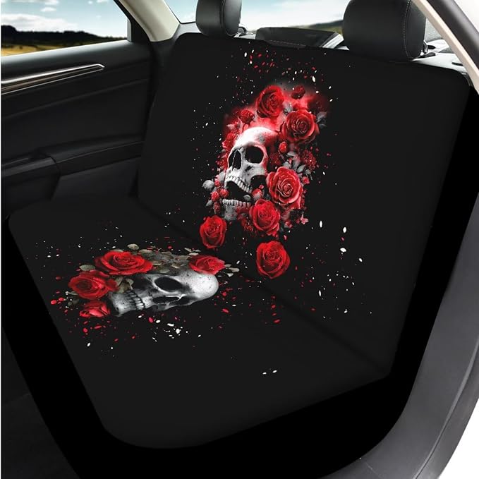 Bulopur Gothic Skull Red Rose Vehicle Seat Covers Front and Backseat with Matching Car Armrest Pad 15 Inch Steering Wheel Cover Auto Seat Belt Covers Coasters Automotive Interior Decor Set