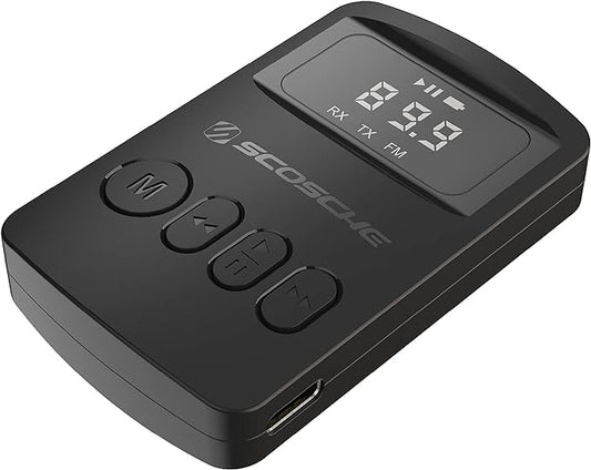 Scosche BTTRFM Portable Bluetooth Transmitter & Receiver + FM Adapter, Wireless Audio Adapter for Car, TV, Airplane, Home Stereo, Headphones with AUX & FM, Low Latency, 30–40ft Range, 7hr Battery Life
