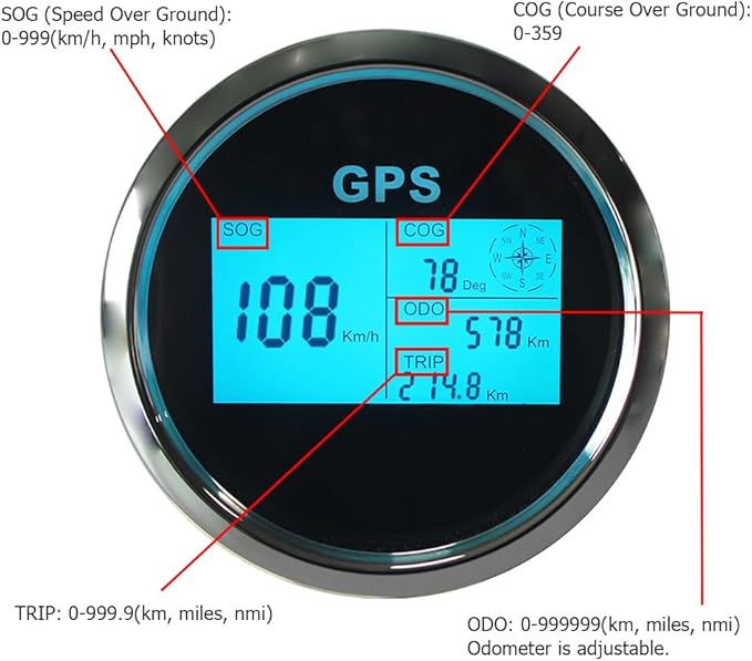 3 3/8" Diameter Auto Digital GPS Speedometer 0-999 MPH KM/H Knots Odometer Adjustable with 7 Backlights 12VDC 24V for Motorbike Boat Truck Racing Car (Black&Silver)