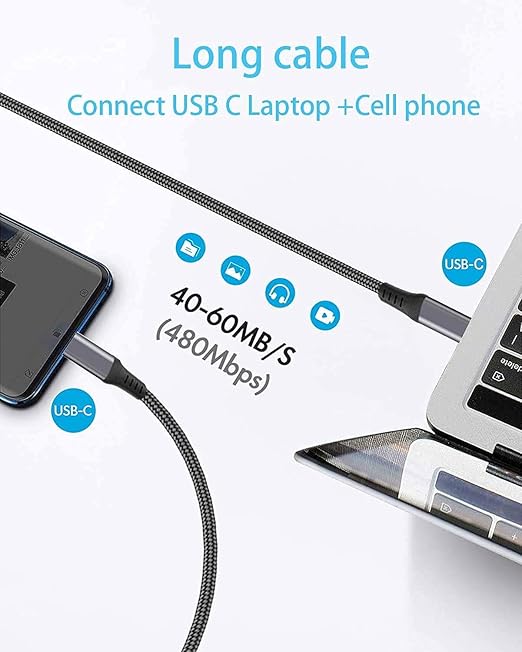 60W Long USB C to USB C Cable (2-Pack, 10FT), Type-C Fast PD Charger Braided Cord for iPhone 17/16/15 Pro,iPad Air 2022, MacBook Pro/Air,Samsung Galaxy S23/S22 Ultra,Note 20 10,Pixel 9, OnePlus 9,PS5