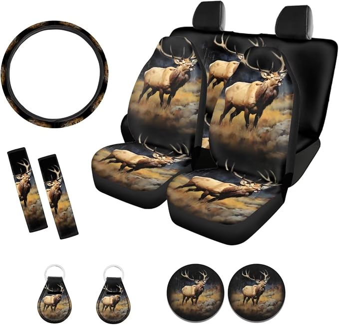 Xoenoiee Elk Wilderness Print 11 Pack Car Seat Cover Front & Rear Seat Cover with Steering Wheel Cover + Seat Belt Cover+ Cup Coasters+ Key Chains Universal Fit