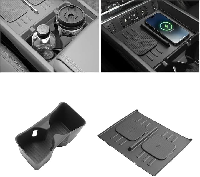 LUWU 2025 2026 Santa Fe Center Console Cup Holder Insert & Wireless Charging Protective Mat for Santa Fe 2024 2025 2026 Accessories Premium Silicone Material Cup Holder Easy Install & Clean, 2-Pack