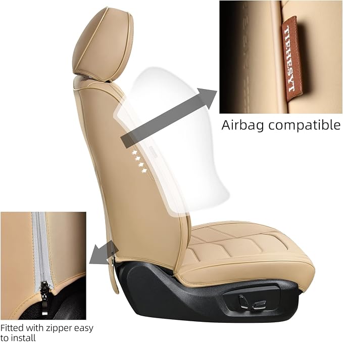 TIEHESYT Beige Car Seat Covers Front Pair, Breathable Leather Automotive Front Seat Covers & Headrest for Comfortable Driving, Compatible with Most Cars Sedans SUV Pickup Trucks