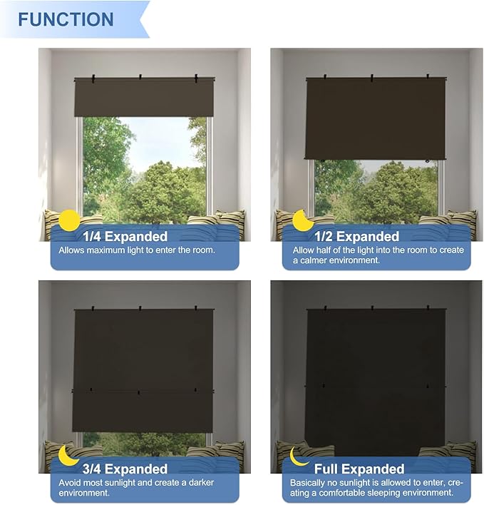 E&K Sunrise 5'W x 5.5'H Outdoor Roller Shades Patio Cordless Roll Up Blinds Foldable Sun Shade UV Block Exterior Sun Screen for Outside Porch Backyard Deck Pergola (Brown)